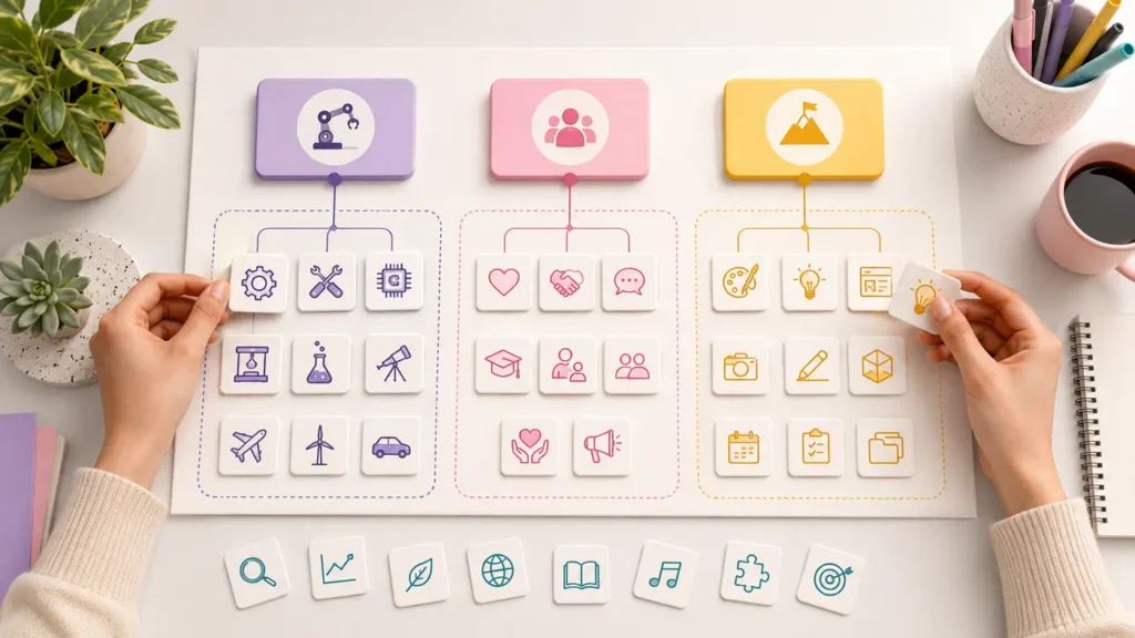 Interest theme clustering canvas grouping skills and activities into three career themes