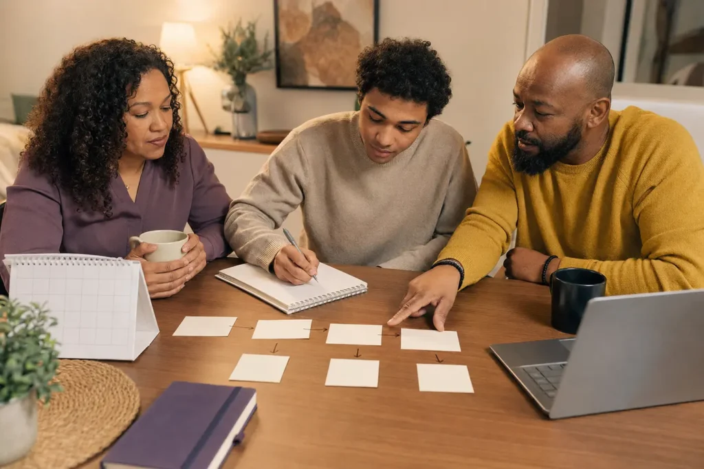 Parents and young adult reviewing a shared career plan
