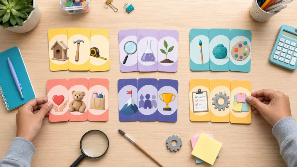 Student interest example cards showing six career interest patterns