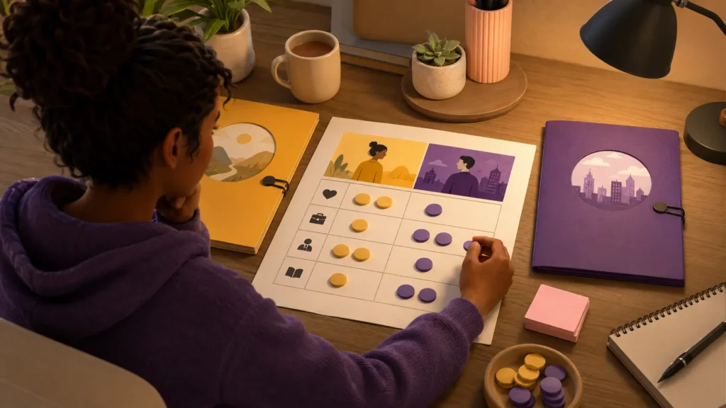 Student comparing two career paths with a visual decision matrix