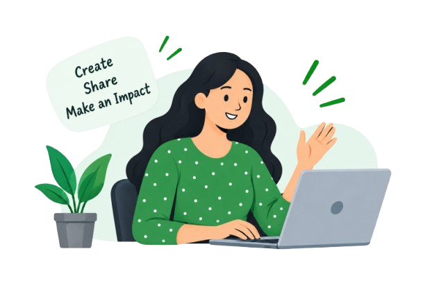 A creator sharing content from her laptop: Create, Share, Make an Impact.