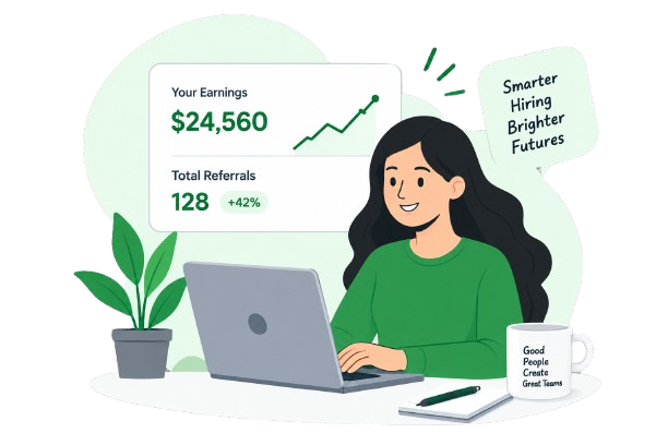 A RoleQuiz affiliate at her laptop beside an illustrative earnings and referrals dashboard.