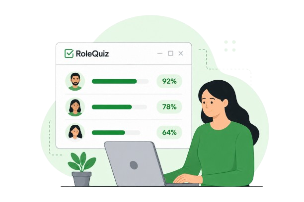 RoleQuiz candidate assessment scores shown beside an influencer at her laptop.