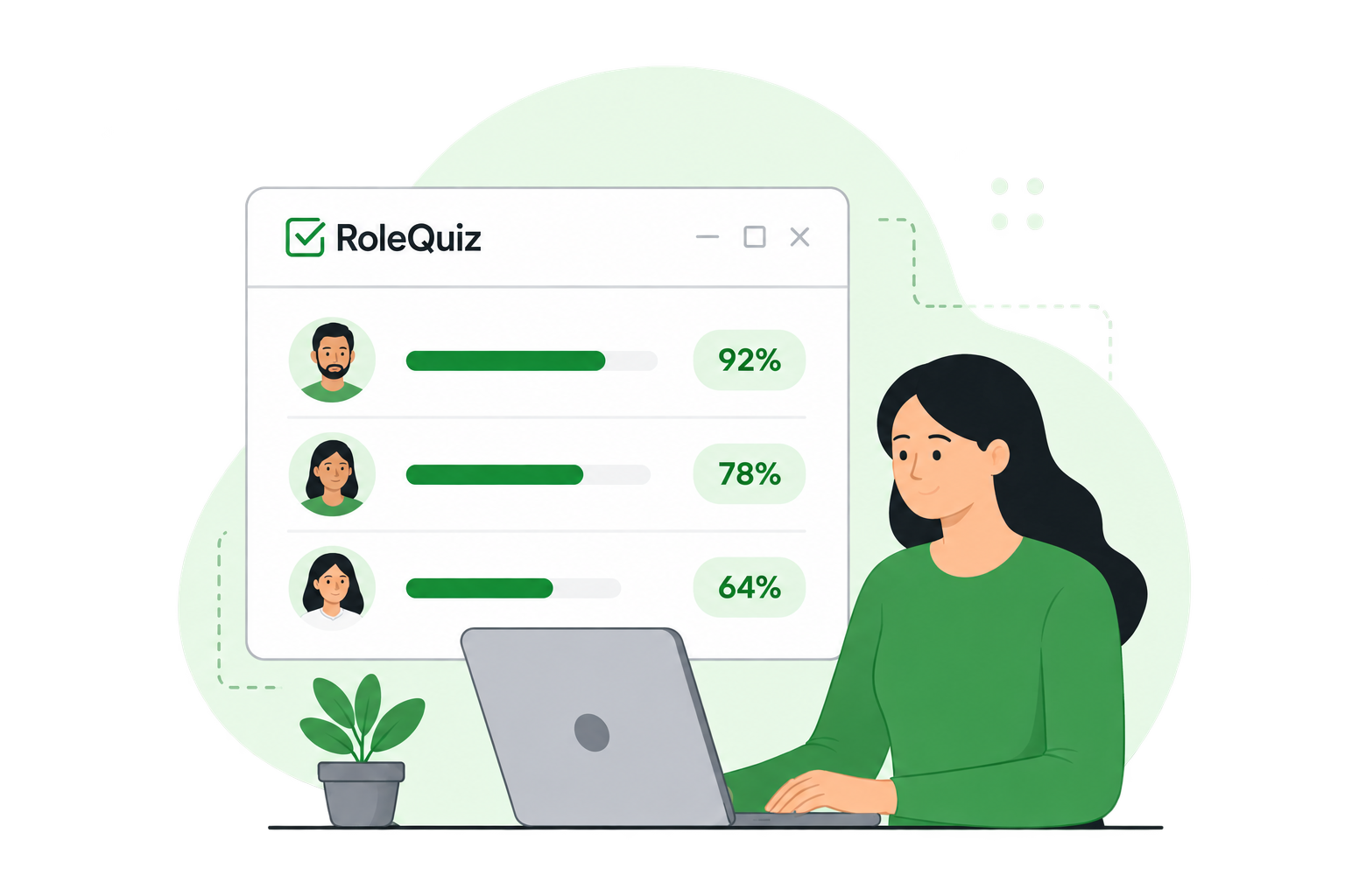 An influencer using RoleQuiz beside a candidate assessment dashboard showing scores of 92%, 78%, and 64%.