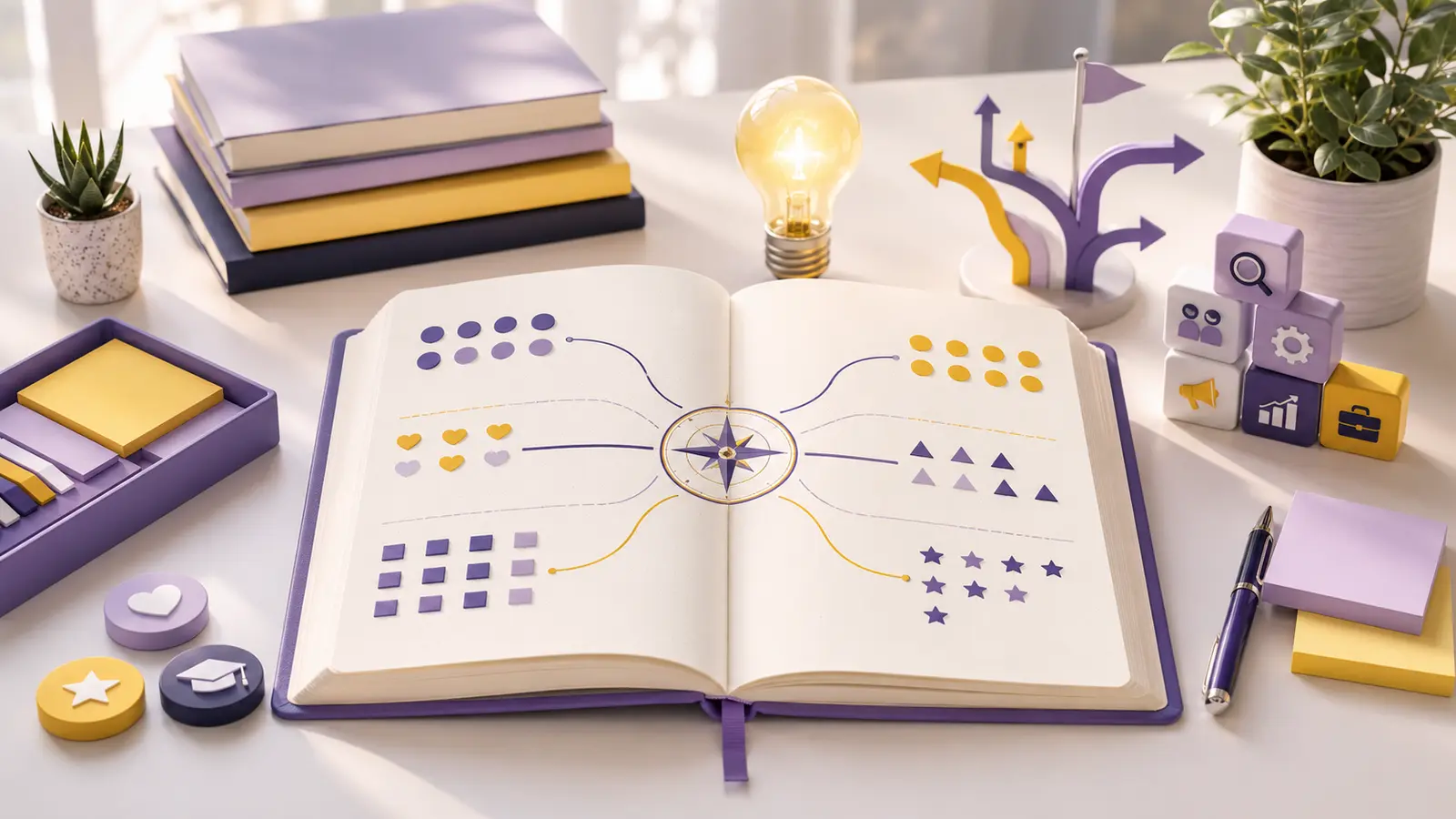 Career interest journal prompts with a notebook and career exploration symbols