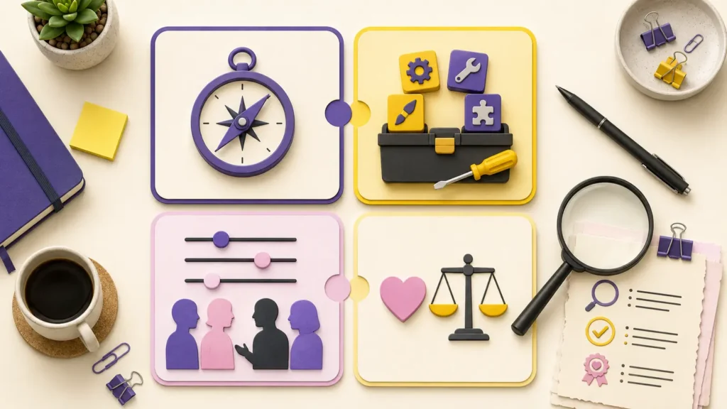Career assessment construct guide showing interests, abilities, work style and values