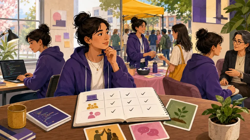 University student testing career ideas through projects, campus activities and a mentor conversation