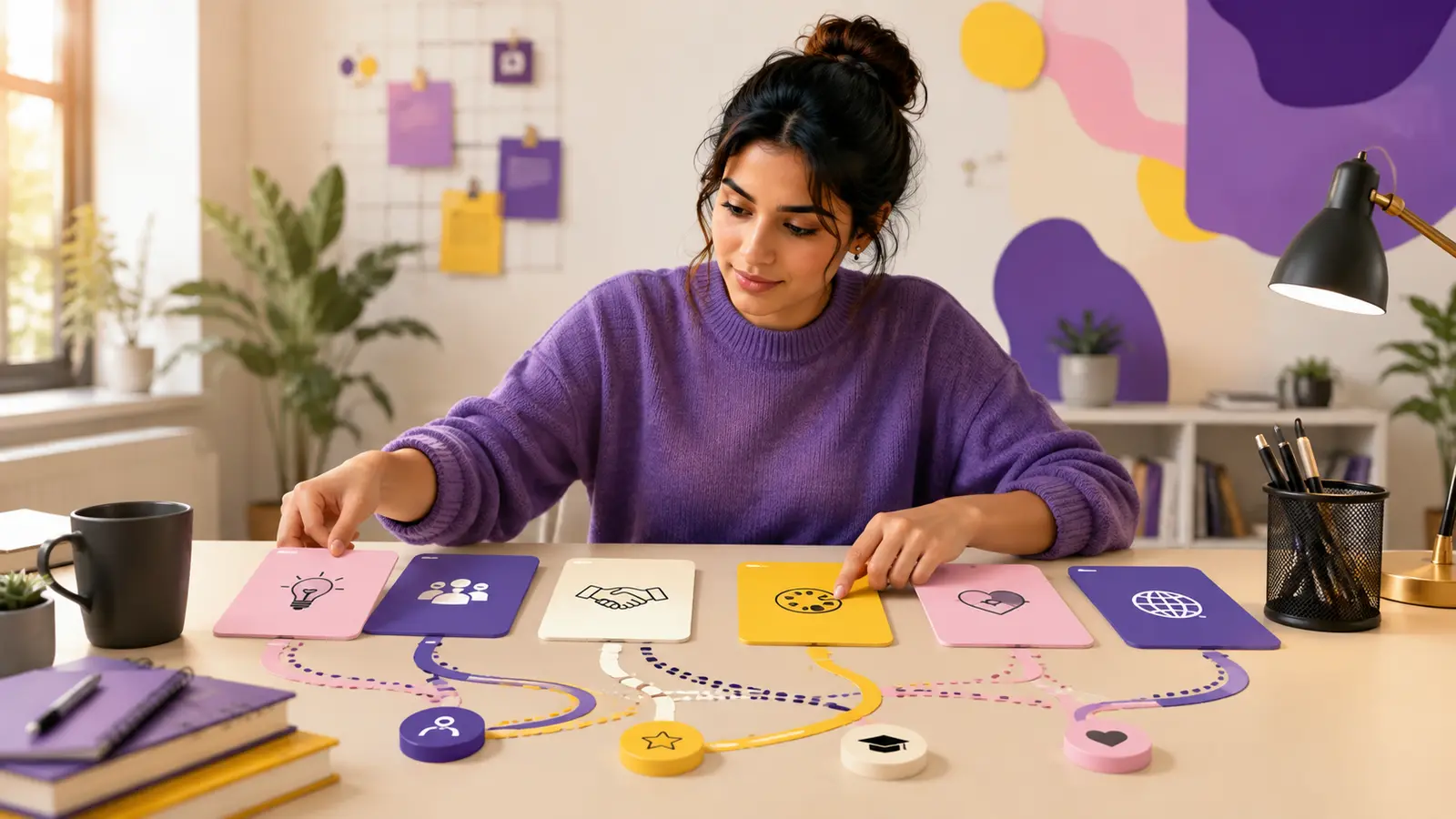 Student arranging flexible career goal pathways at a desk