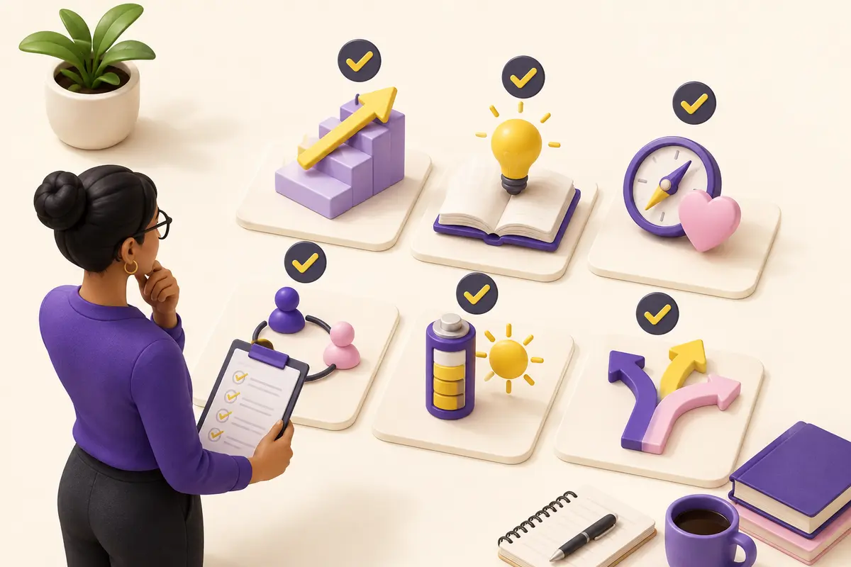 Professional reviewing six career growth signals including challenge, learning, meaning, influence, energy and future direction