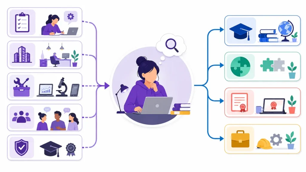 Career-to-degree research map connecting job activities and entry requirements to study routes