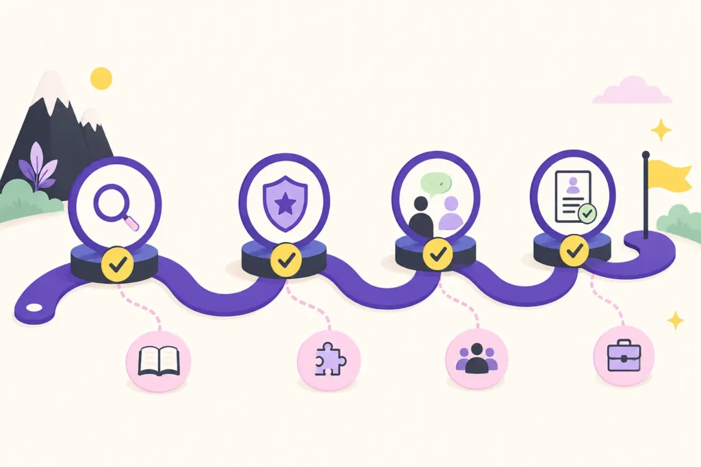 Career transition roadmap with four milestone and evidence checkpoints