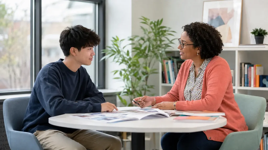 Student discussing college major regret and alternative study paths with an adviser
