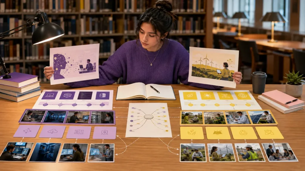 Student comparing curriculum and career routes for two college majors