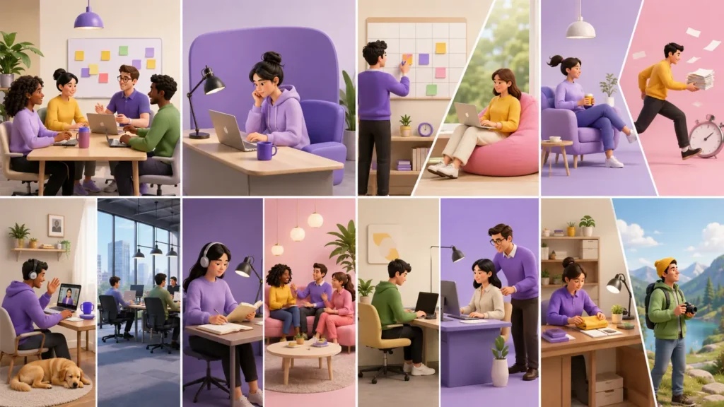 Eight work environment dimensions including teamwork, focus, pace, autonomy and location