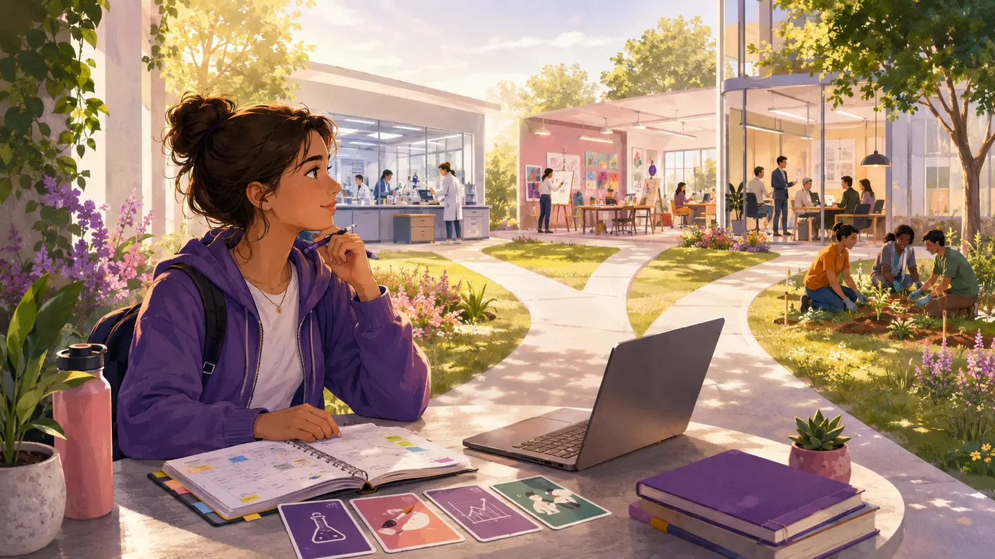 First-year university student exploring different career directions on campus