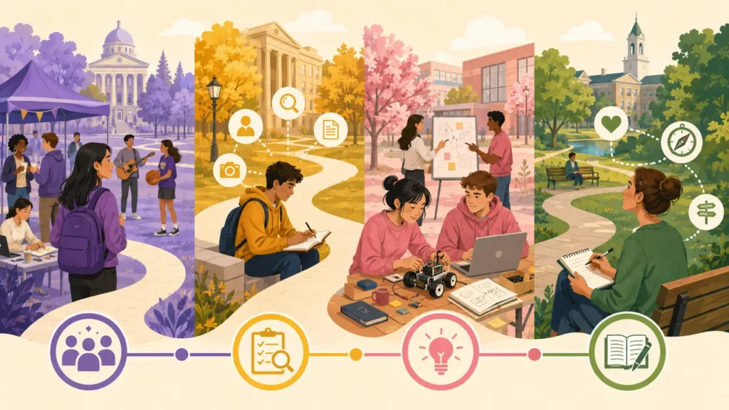 Four-phase first-year university exploration calendar with clubs, research, projects and reflection