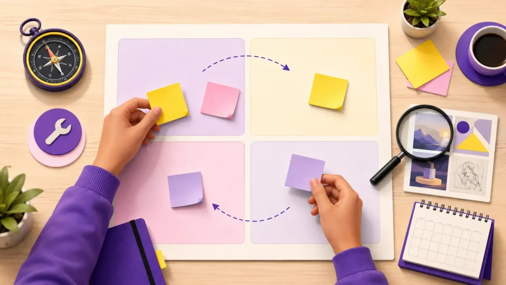 Hands moving notes across a flexible four-part student career goals template