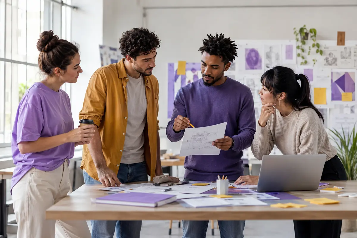Four young professionals collaborating on a shared project in a modern workspace