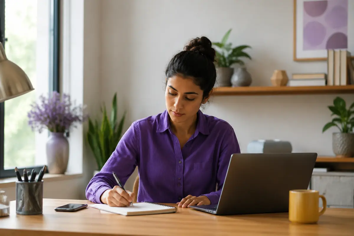 Young professional doing focused independent work at a desk