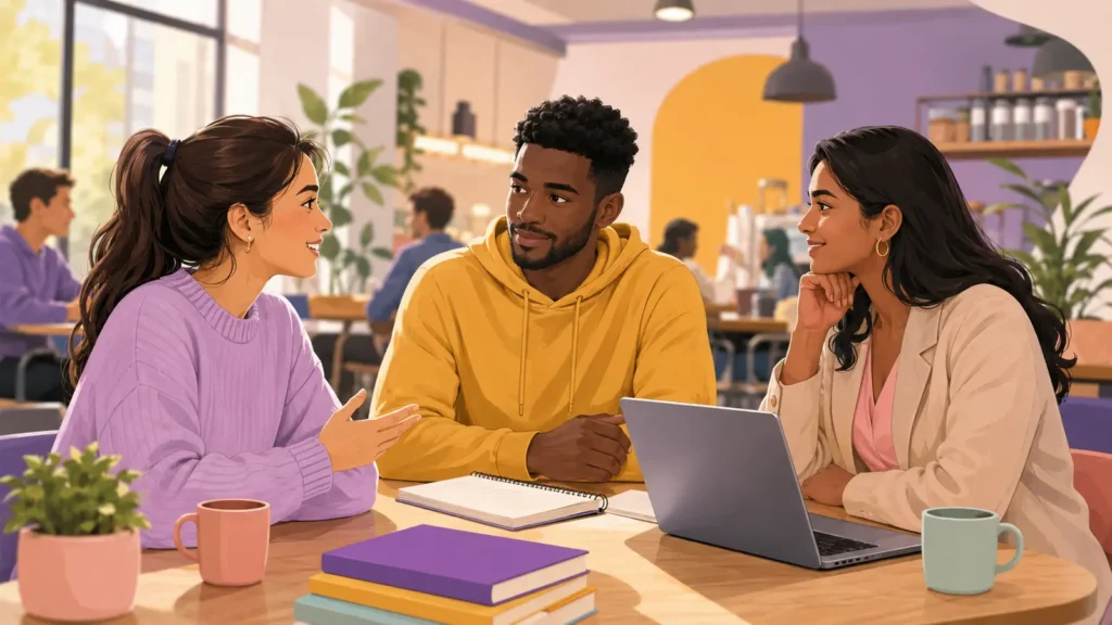 Student speaking with a university student and professional about a possible degree field