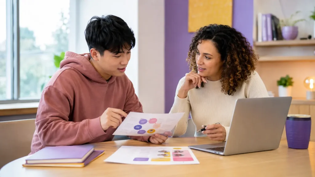 Student and career adviser interpreting assessment results with real-world career evidence