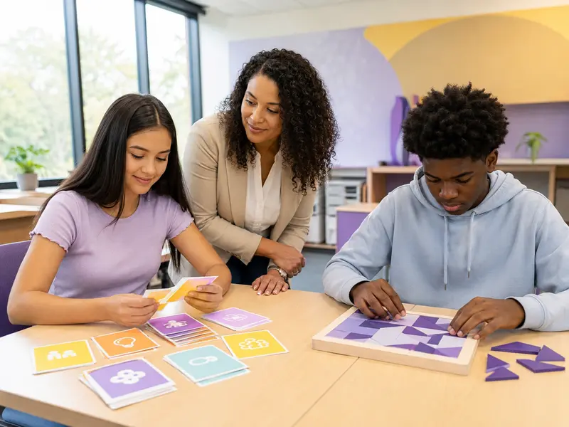 Students completing personality preference cards and an aptitude puzzle