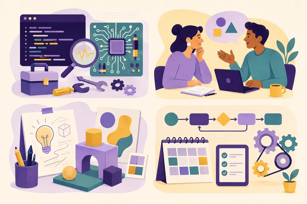 Four-part career map showing technical, human, creative and operational problems