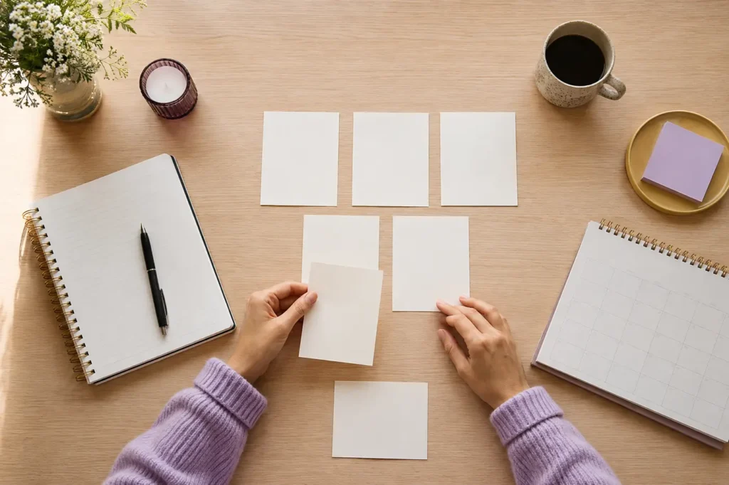 Person sorting blank cards while reassessing work values