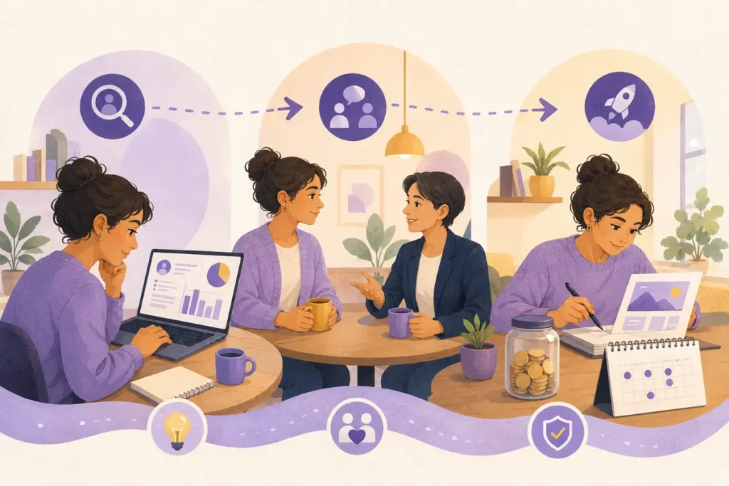 Young adult researching a career speaking with a professional and testing a project before committing