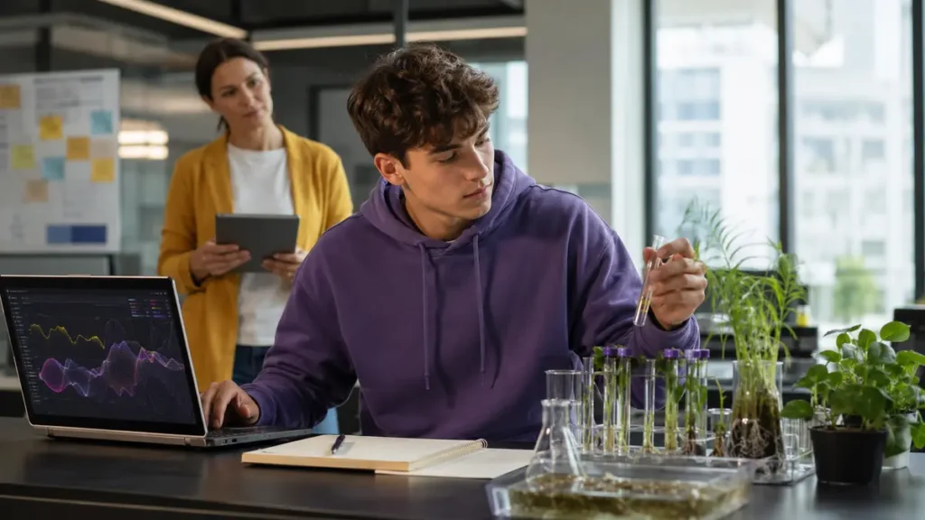 Student testing two college fields before choosing a major