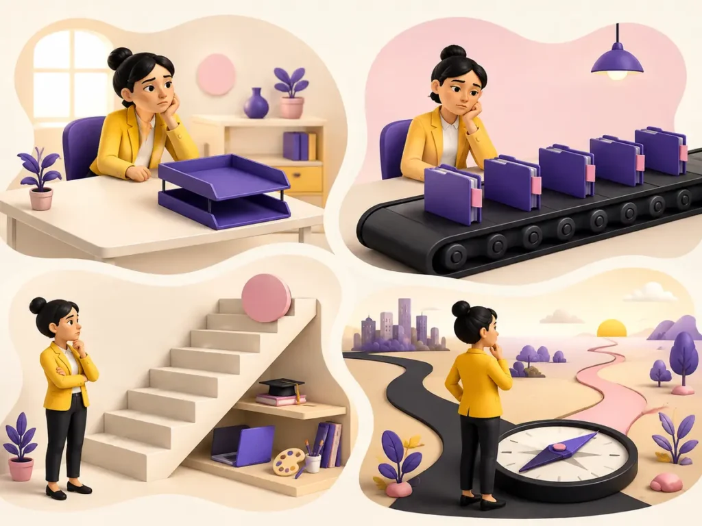 Four visual causes of work boredom: underload, repetition, stalled learning and career mismatch