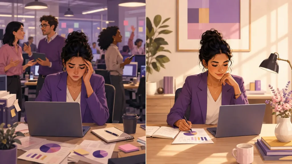 Same professional comparing a distracting office with a quiet focused work environment